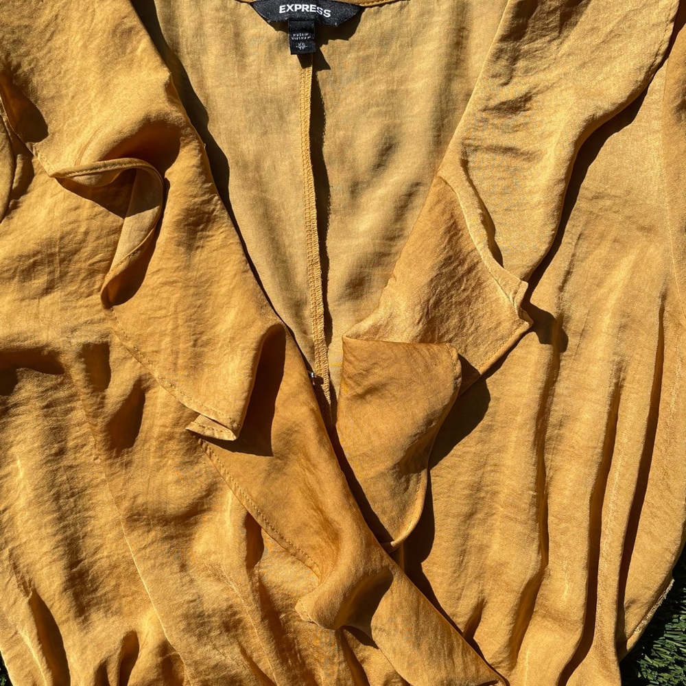 Express Gold Satin Ruffle Front V neck Long Sleeve Dress - Picture 2 of 2